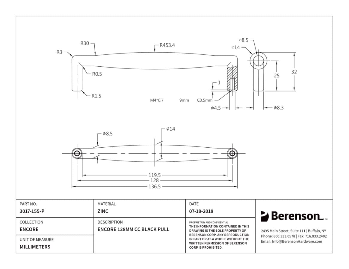 Berenson Encore 5-1/16" (128 mm) Center to Center Matte Black Pull, 3017-155-P