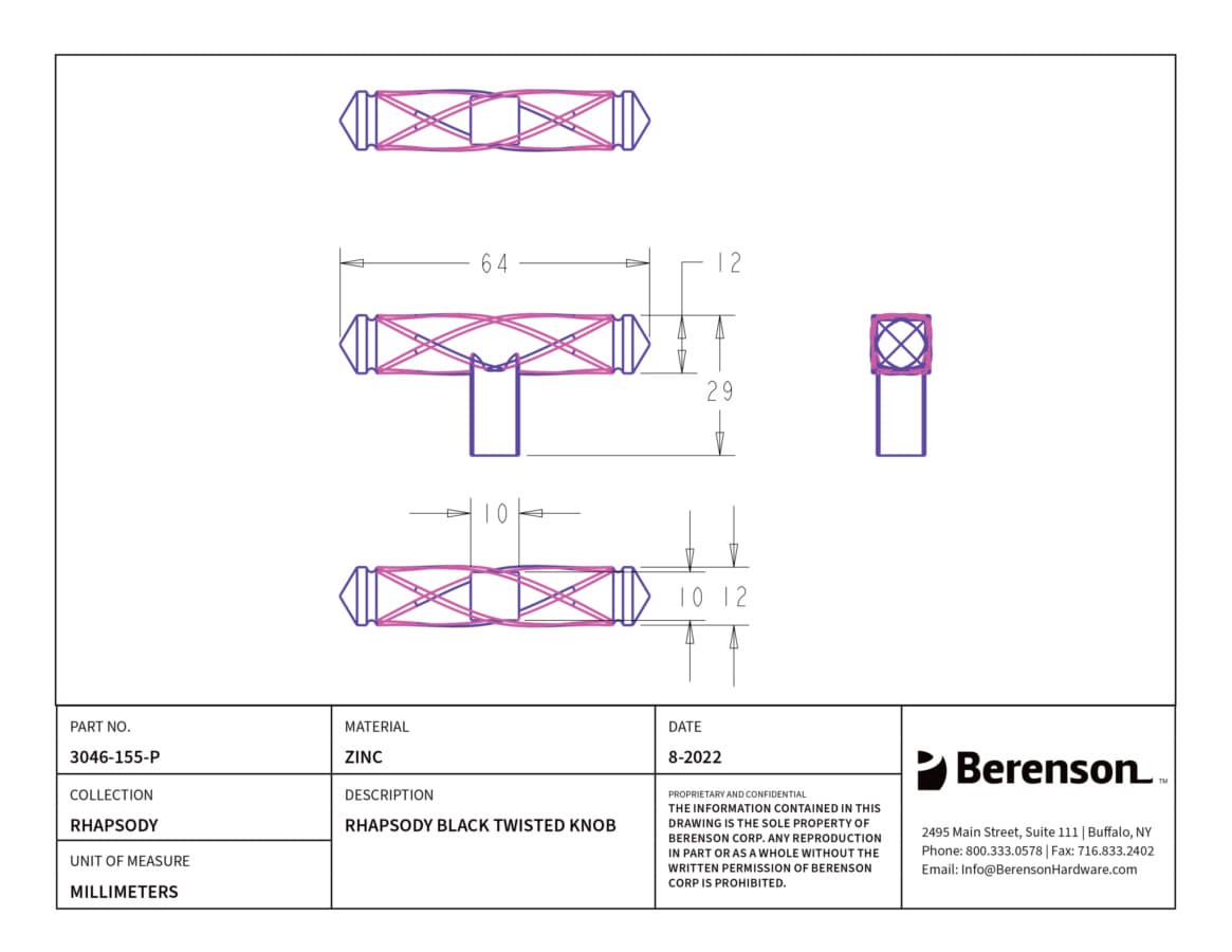 Berenson Rhapsody Black 2-1/2" (64 mm) L x 1/2" (12.5 mm) W Knob, 3046-155-P