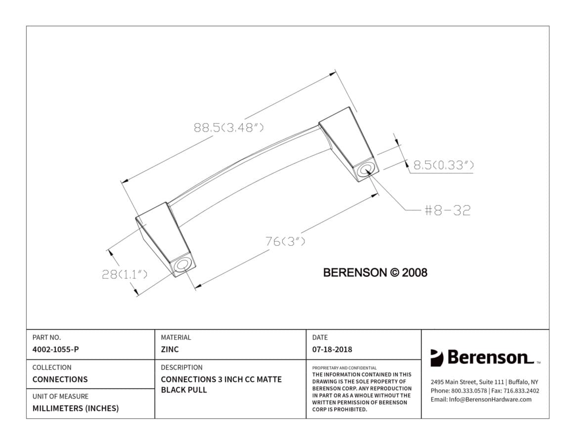 Berenson Connections 3" (76 mm) Center to Center Matte Black Pull, 4002-1055-P