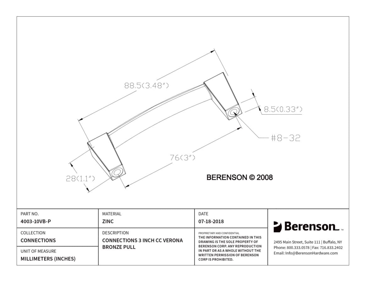 Berenson Connections 3" (76 mm) Center to Center Verona Bronze Pull, 4003-10VB-P