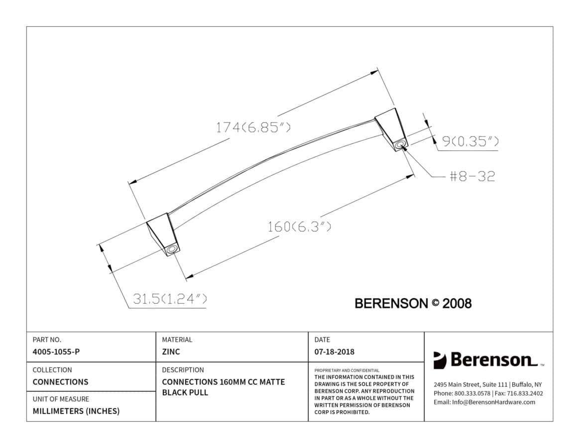Berenson Connections 6-5/16" (160 mm) Center to Center Matte Black Pull, 4005-1055-P