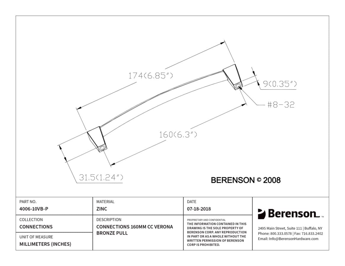 Berenson Connections 6-5/16" (160 mm) Center to Center Verona Bronze Pull, 4006-10VB-P