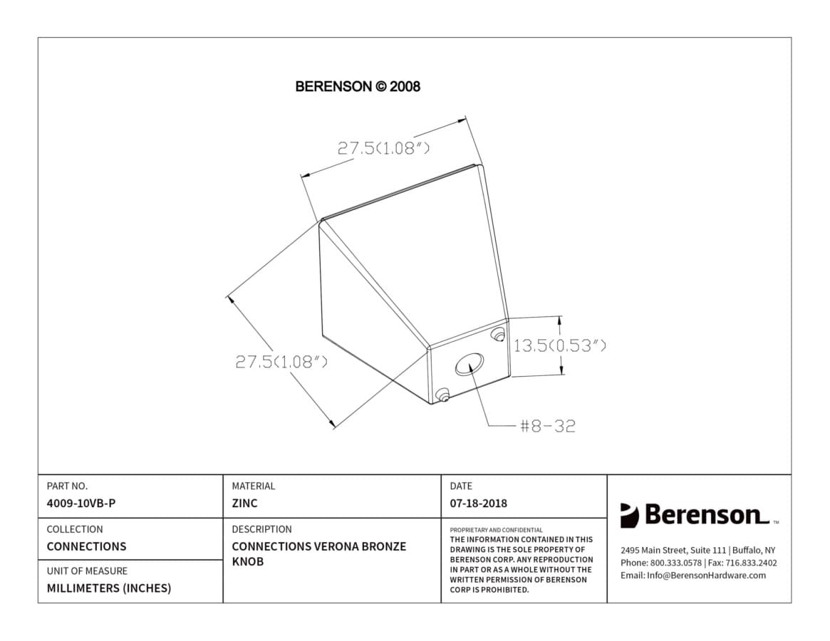 Berenson Connections Verona Bronze 1-1/8" (29 mm) L x 1-1/8" (29 mm) W Knob, 4009-10VB-P
