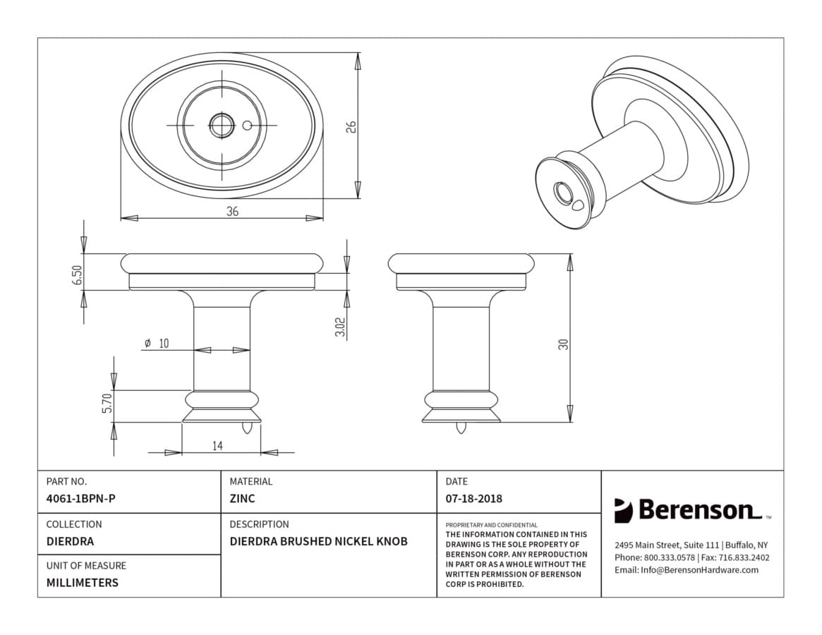 Berenson Dierdra Brushed Nickel 1-7/16" (37 mm) L x 1" (25 mm) W Knob, 4061-1BPN-P
