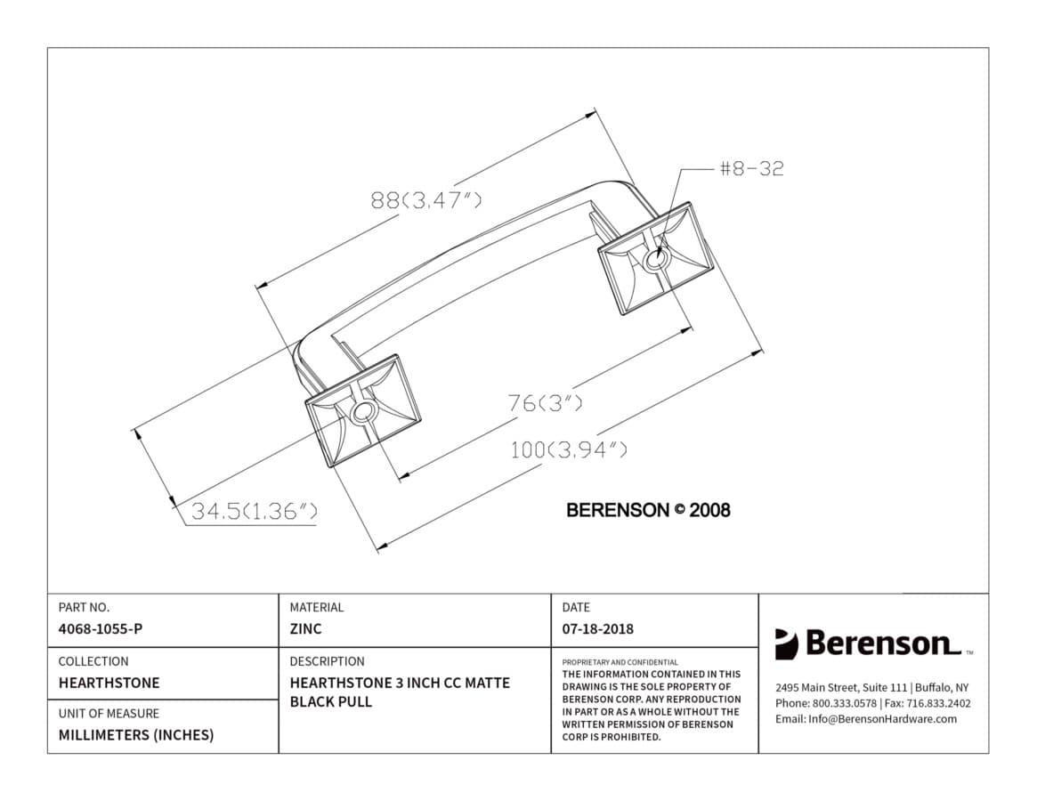 Berenson Hearthstone 3" (76 mm) Center to Center Matte Black Pull, 4068-1055-P