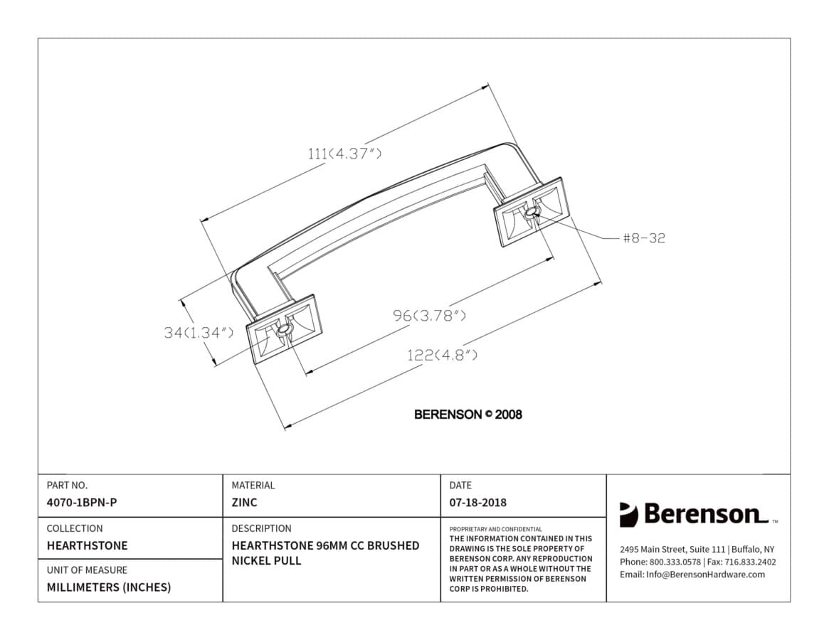 Berenson Hearthstone 3-3/4" (95 mm) Center to Center Brushed Nickel Pull, 4070-1BPN-P