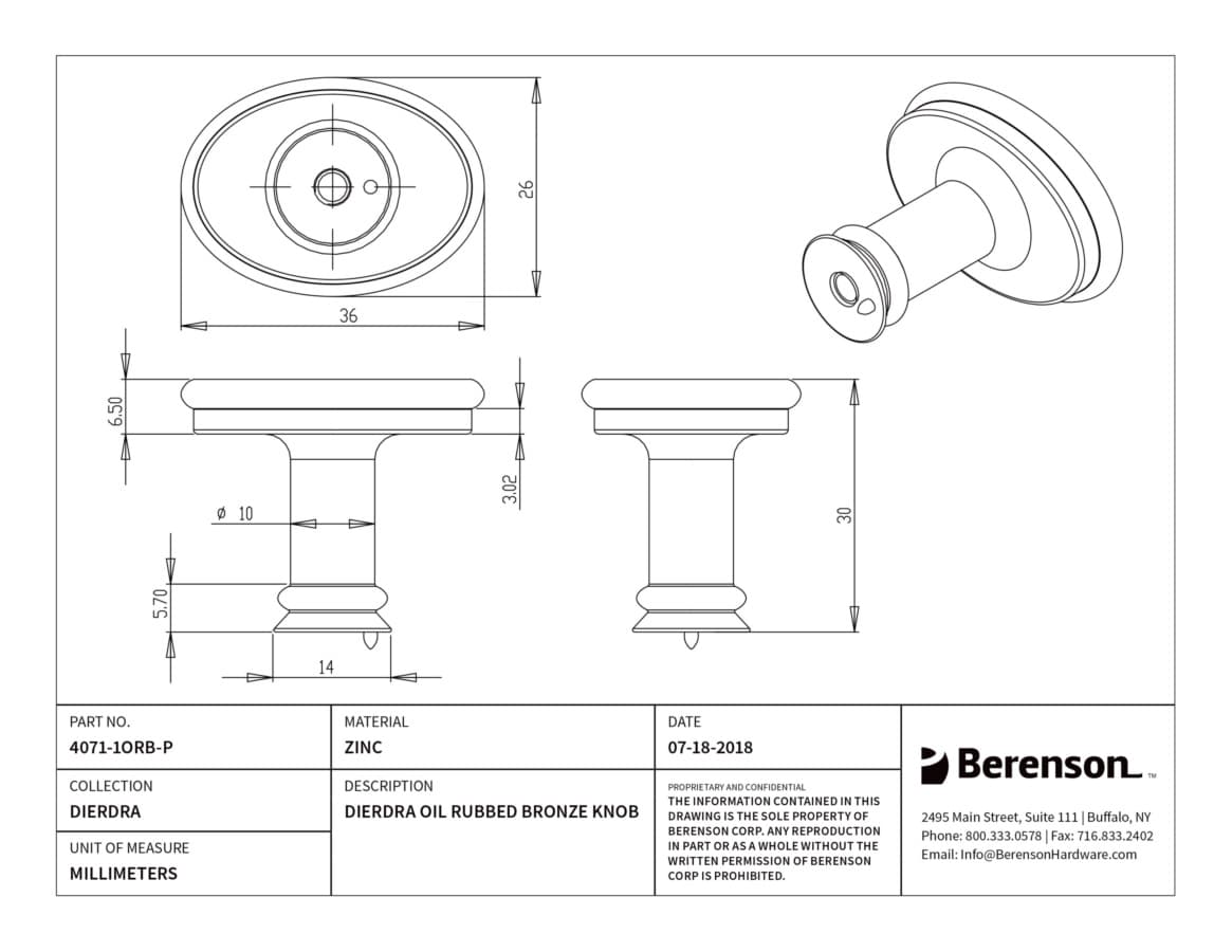 Berenson Dierdra Oil Rubbed Bronze 1-7/16" (37 mm) L x 1" (25 mm) W Knob, 4071-1ORB-P