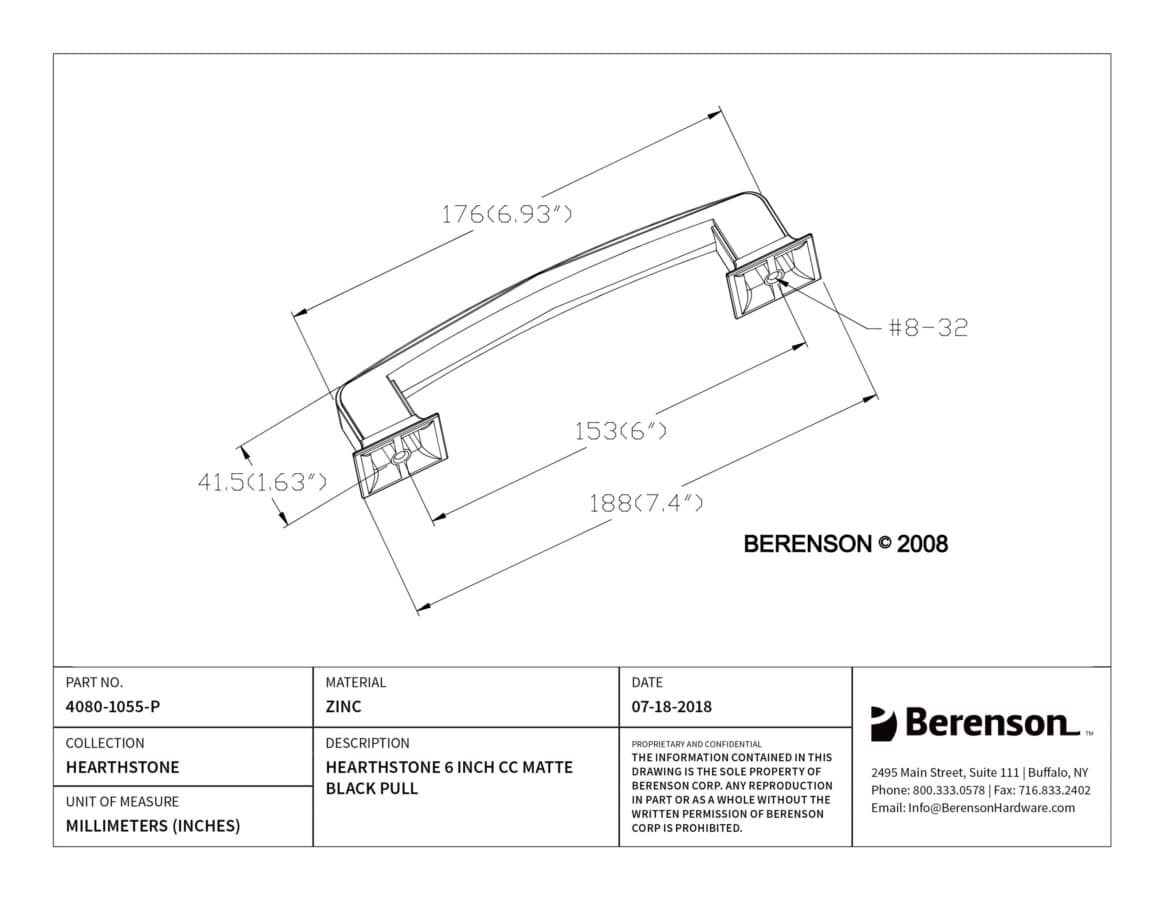 Berenson Hearthstone 6" (152 mm) Center to Center Matte Black Pull, 4080-1055-P