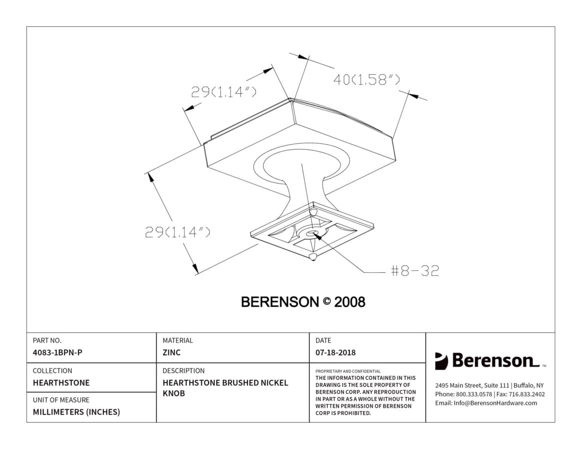 Berenson Hearthstone Brushed Nickel 1-9/16" (40 mm) L x 1-1/8" (29 mm) W Knob, 4083-1BPN-P