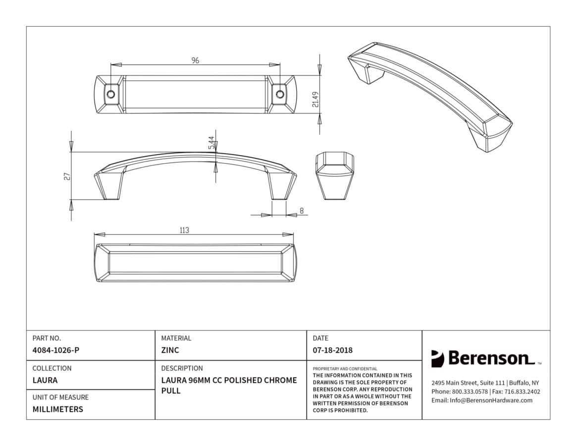 Berenson Laura 3-3/4" (96 mm) Center to Center Polished Chrome Pull, 4084-1026-P