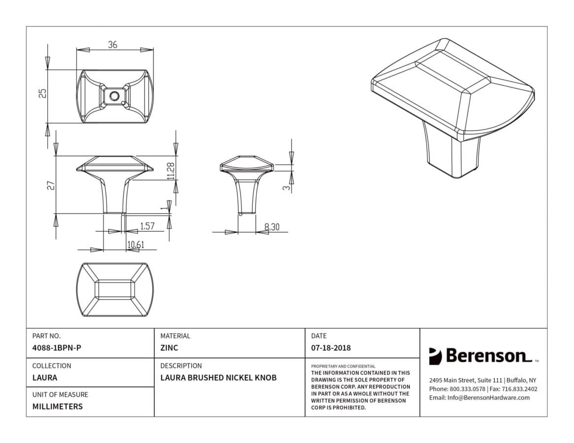 Berenson Laura Brushed Nickel 1-7/16" (37 mm) L x 1" (25 mm) W Knob, 4088-1BPN-P