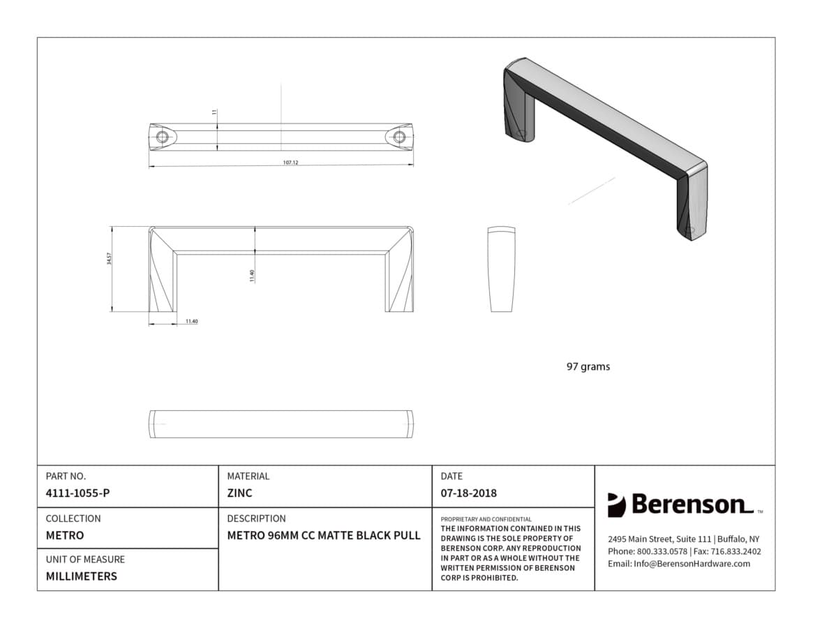 Berenson Metro 3-3/4" (96 mm) Center to Center Matte Black Pull, 4111-1055-P