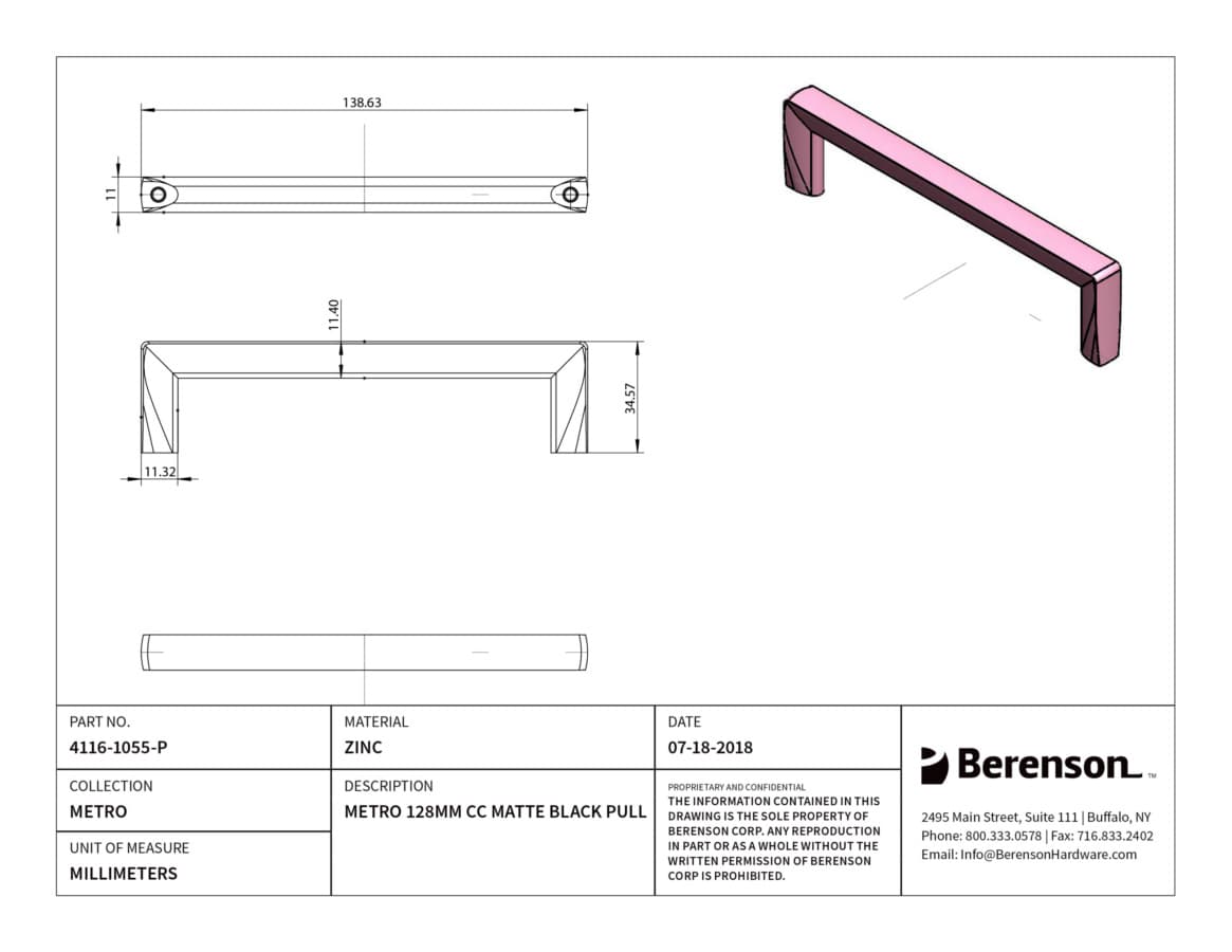 Berenson Metro 5-1/16" (128 mm) Center to Center Matte Black Pull, 4116-1055-P