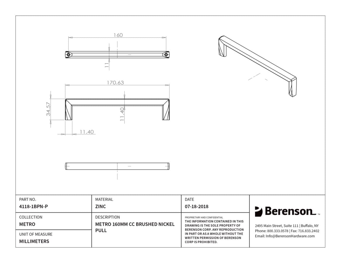 Berenson Metro 6-5/16" (160 mm) Center to Center Brushed Nickel Pull, 4118-1BPN-P