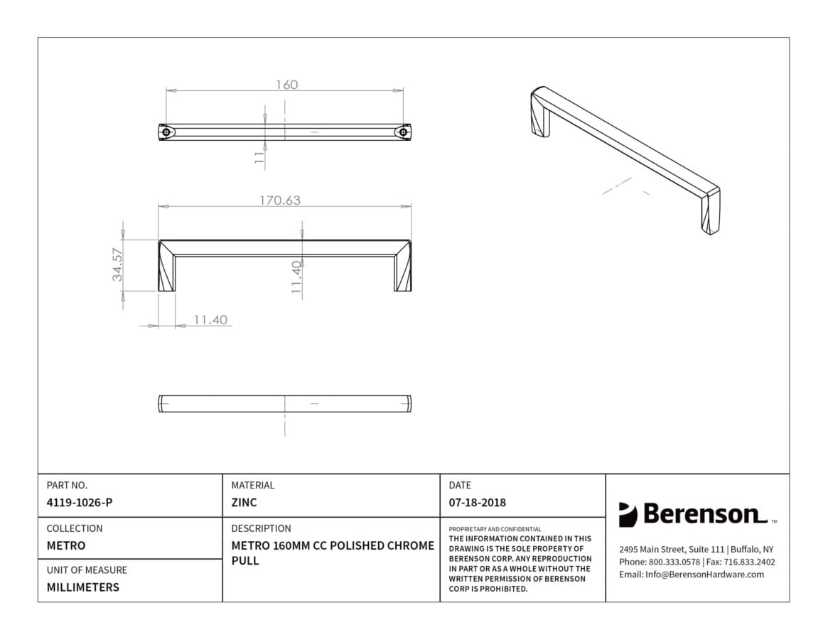 Berenson Metro 6-5/16" (160 mm) Center to Center Polished Chrome Pull, 4119-1026-P