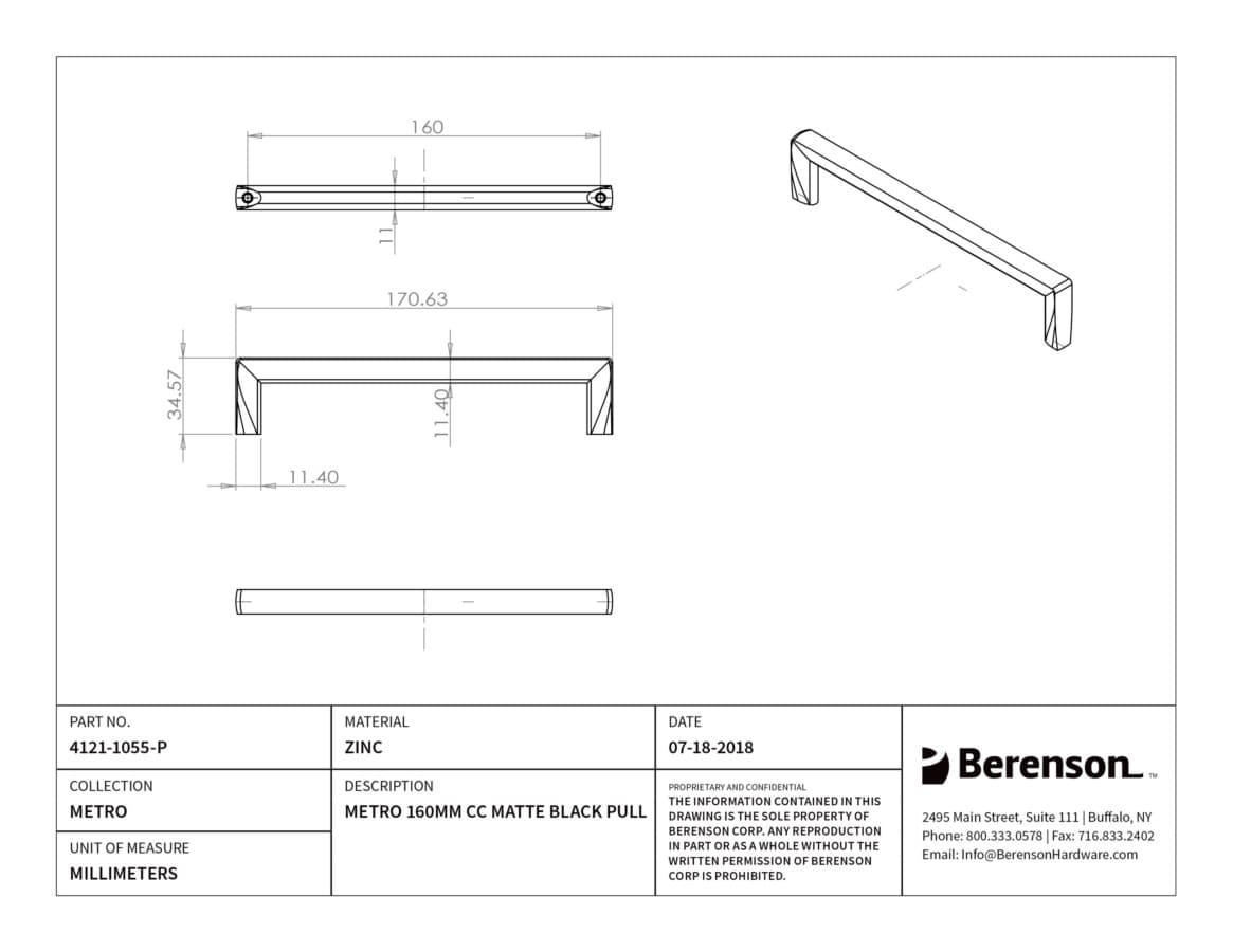 Berenson Metro 6-5/16" (160 mm) Center to Center Matte Black Pull, 4121-1055-P