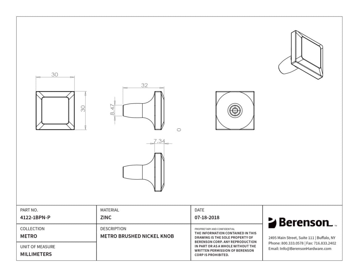 Berenson Metro Brushed Nickel 1-3/16" (30 mm) L x 1-3/16" (30 mm) W Knob, 4122-1BPN-P