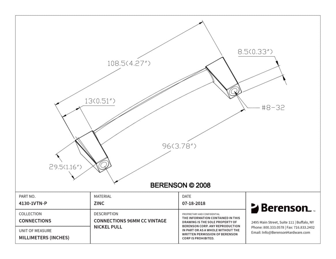 Berenson Connections 3-3/4" (96 mm) Center to Center Vintage Nickel Pull, 4130-1VTN-P