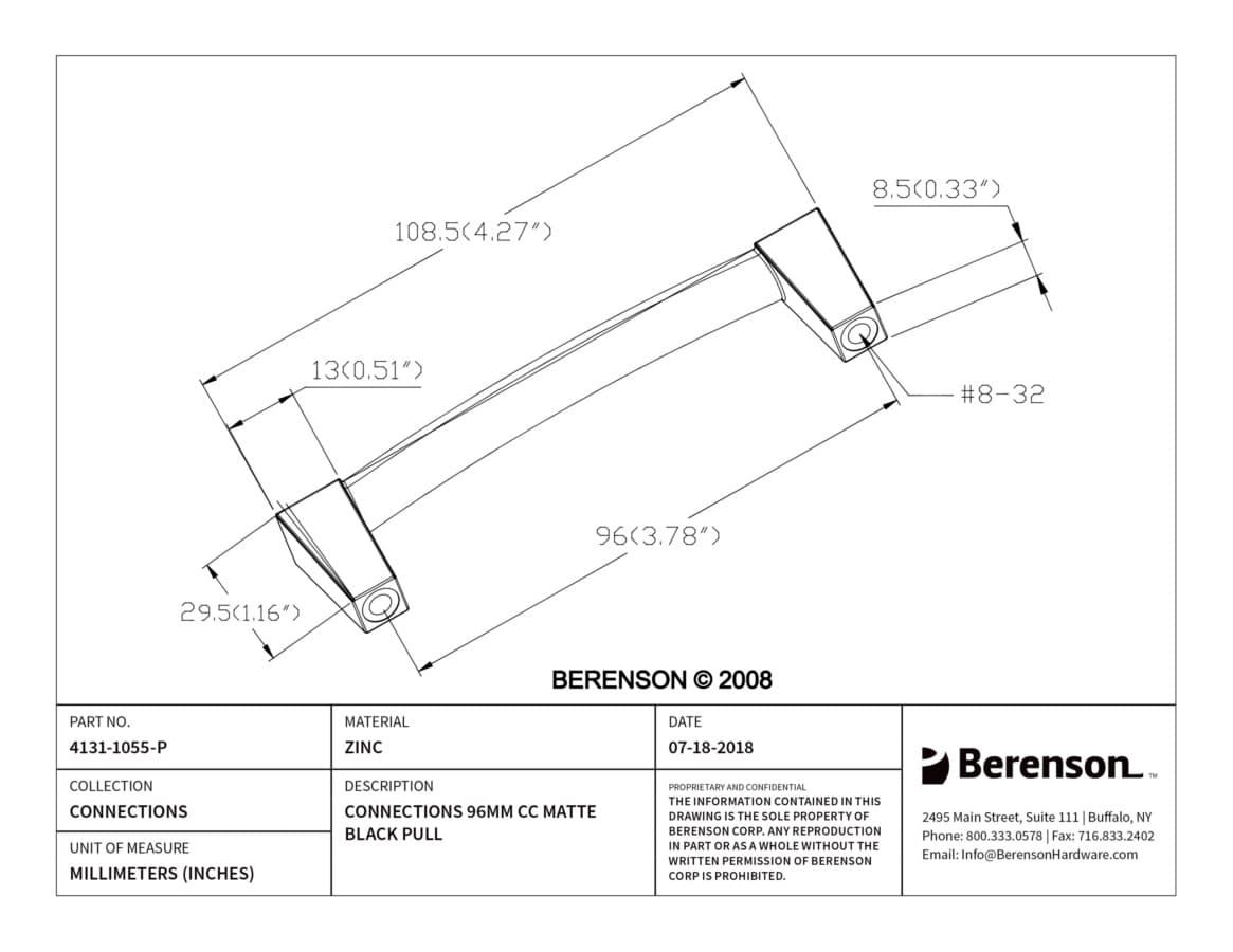 Berenson Connections 3-3/4" (96 mm) Center to Center Matte Black Pull, 4131-1055-P
