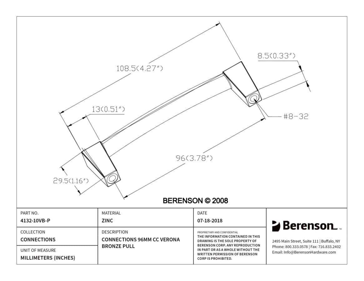 Berenson Connections 3-3/4" (96 mm) Center to Center Verona Bronze Pull, 4132-10VB-P