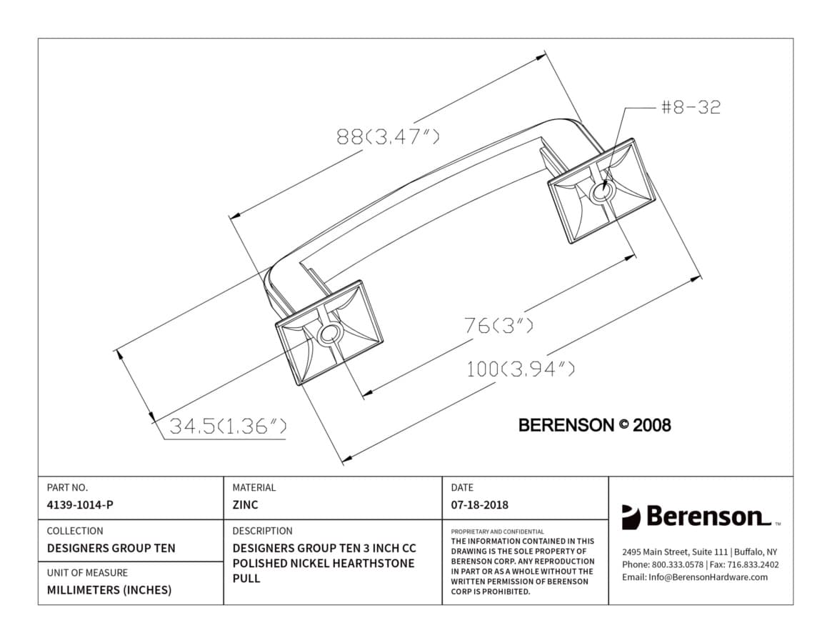 Berenson Designers Group Ten 3" (76 mm) Center to Center Polished Nickel Pull, 4139-1014-P