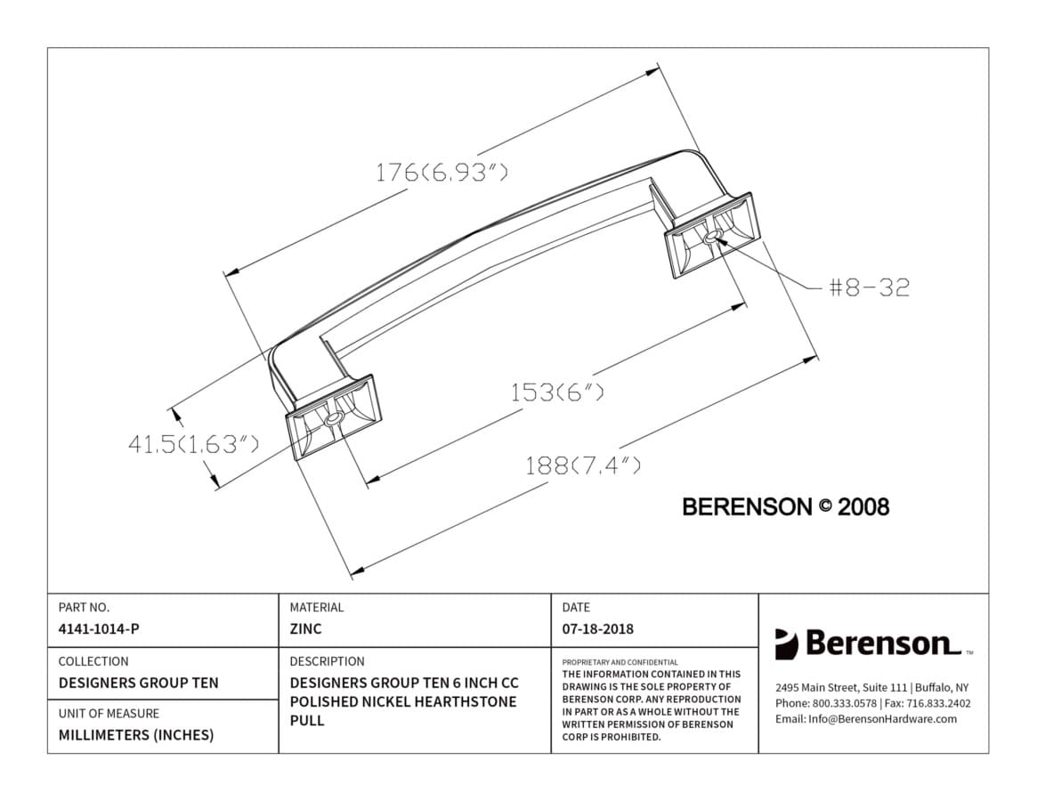 Berenson Designers Group Ten 6" (152 mm) Center to Center Polished Nickel Pull, 4141-1014-P