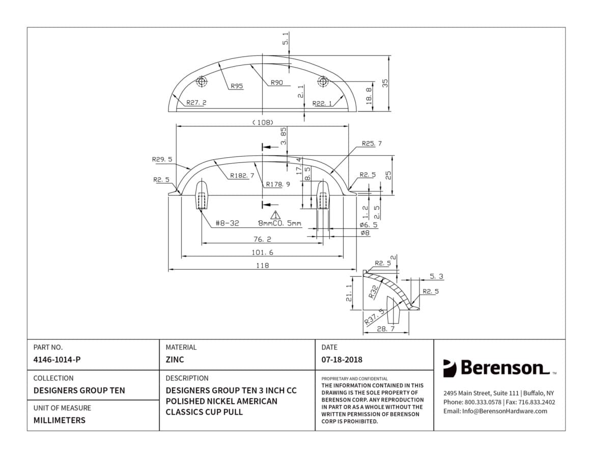 Berenson Designers Group Ten 3" (76 mm) Center to Center Polished Nickel Cup Pull, 4146-1014-P