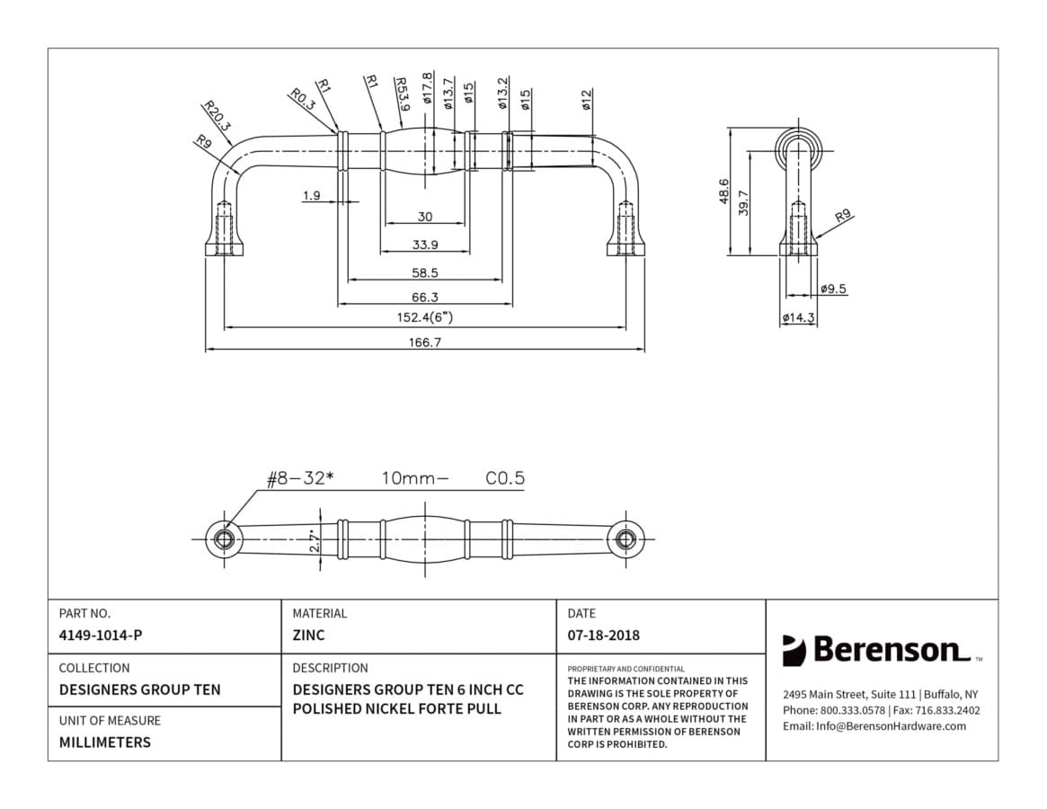 Berenson Designers Group Ten 6" (152 mm) Center to Center Polished Nickel Pull, 4149-1014-P