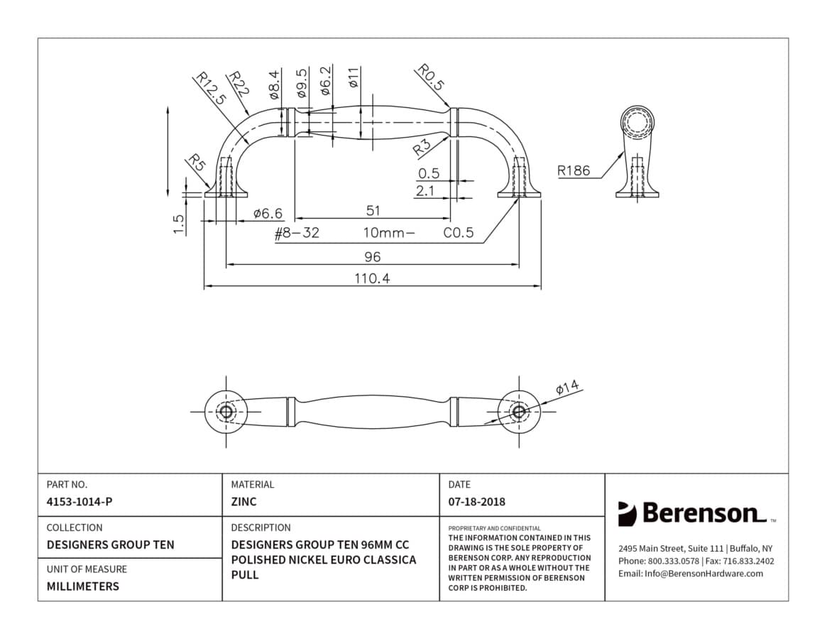 Berenson Designers Group Ten 3-3/4" (96 mm) Center to Center Polished Nickel Pull, 4153-1014-P
