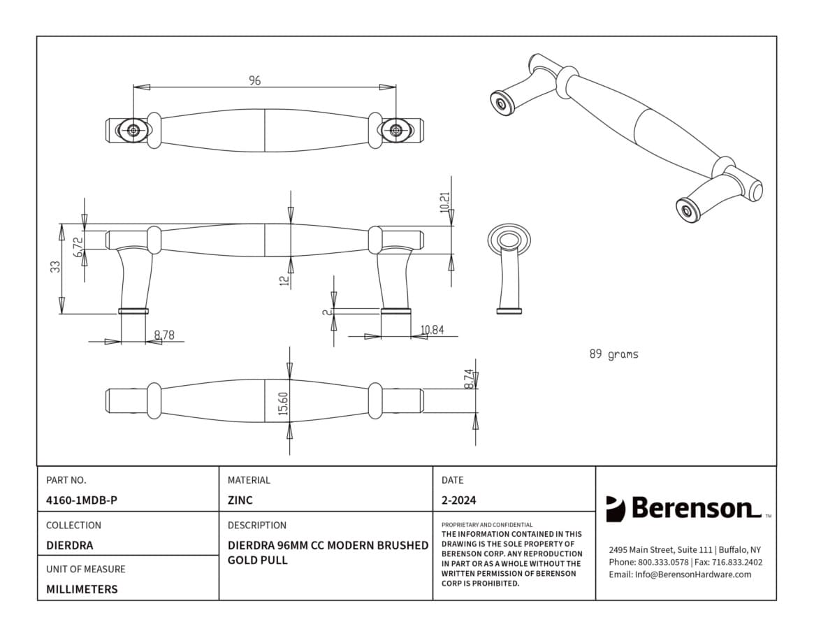 Berenson Dierdra 3-3/4" (95 mm) Center to Center Modern Brushed Gold Pull, 4160-1MDB-P