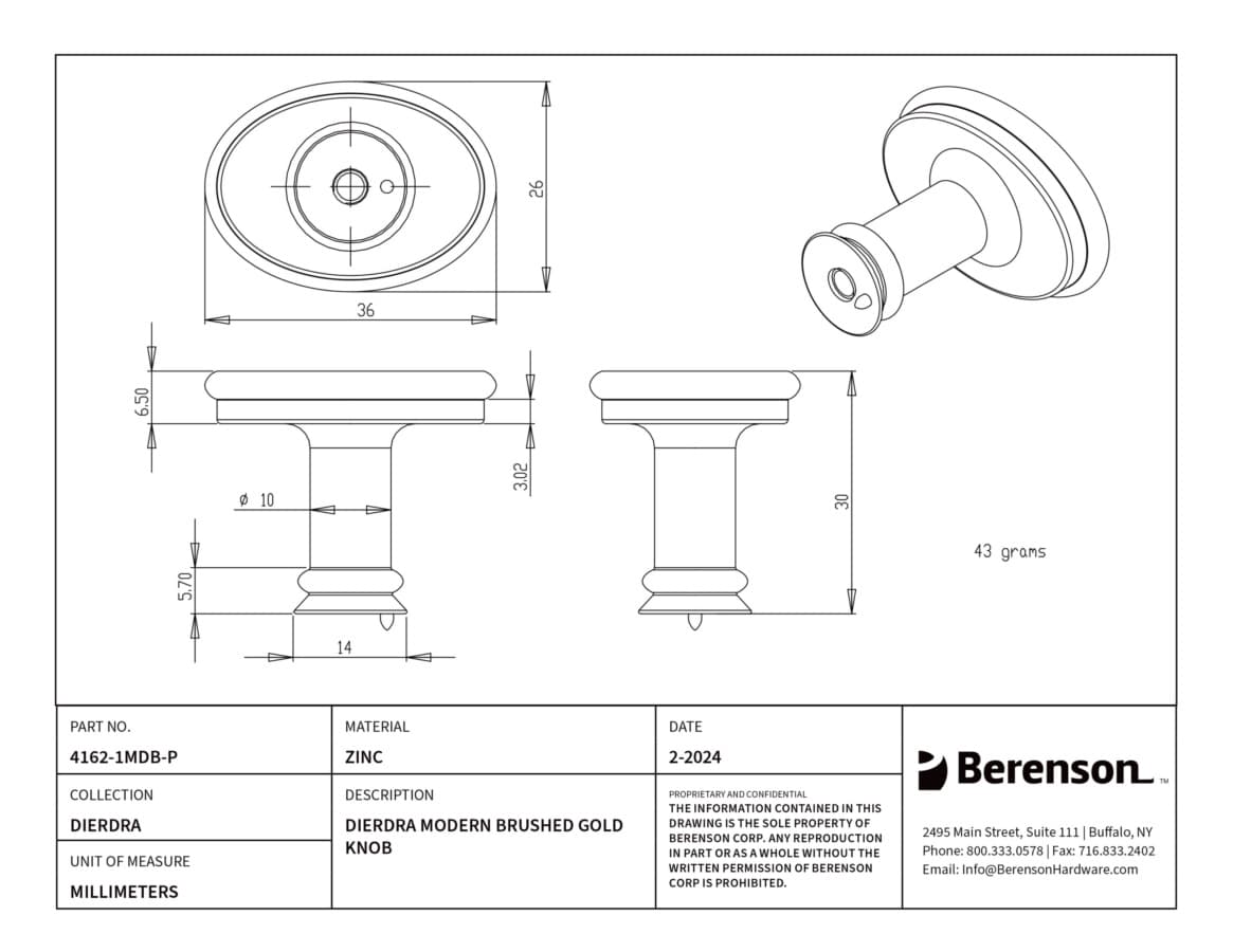 Berenson Dierdra Modern Brushed Gold 1-7/16" (37 mm) L x 1" (25 mm) W Knob, 4162-1MDB-P