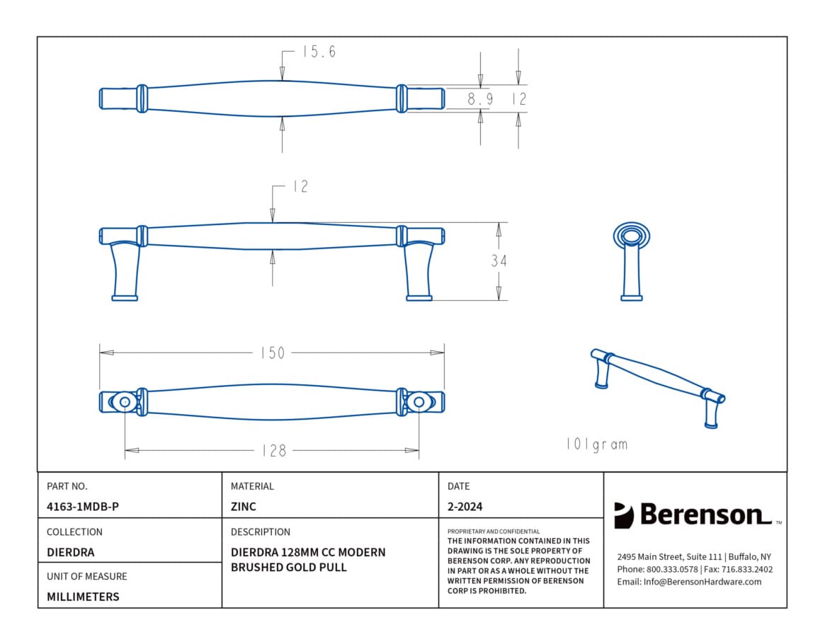 Berenson Dierdra 5-1/16" (128 mm) Center to Center Modern Brushed Gold Pull, 4163-1MDB-P