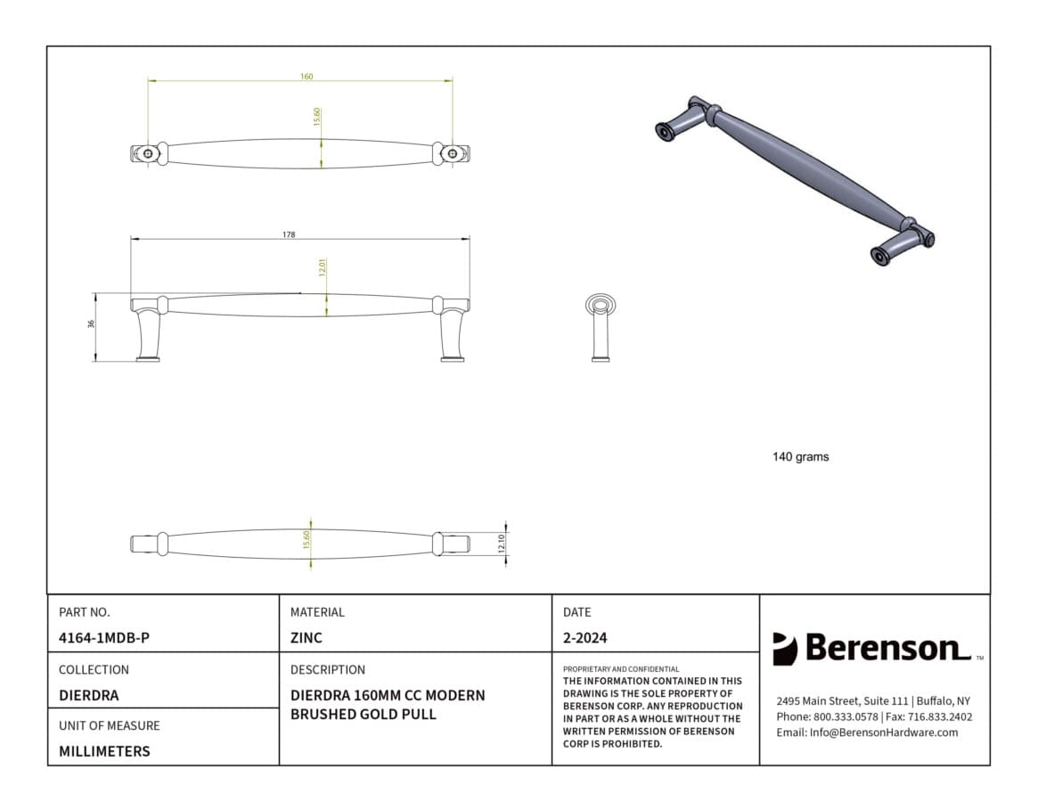 Berenson Dierdra 6-5/16" (160 mm) Center to Center Modern Brushed Gold Pull, 4164-1MDB-P