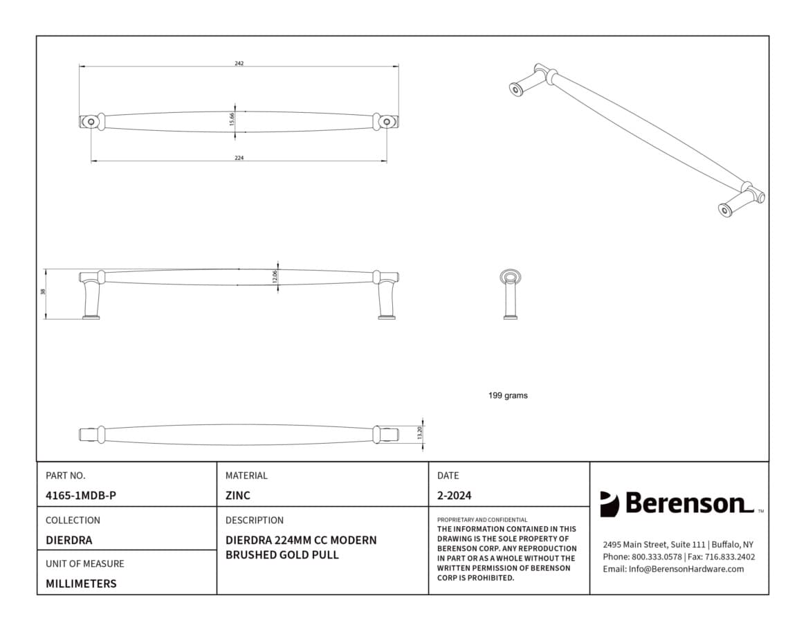 Berenson Dierdra 8-13/16" (224 mm) Center to Center Modern Brushed Gold Pull, 4165-1MDB-P