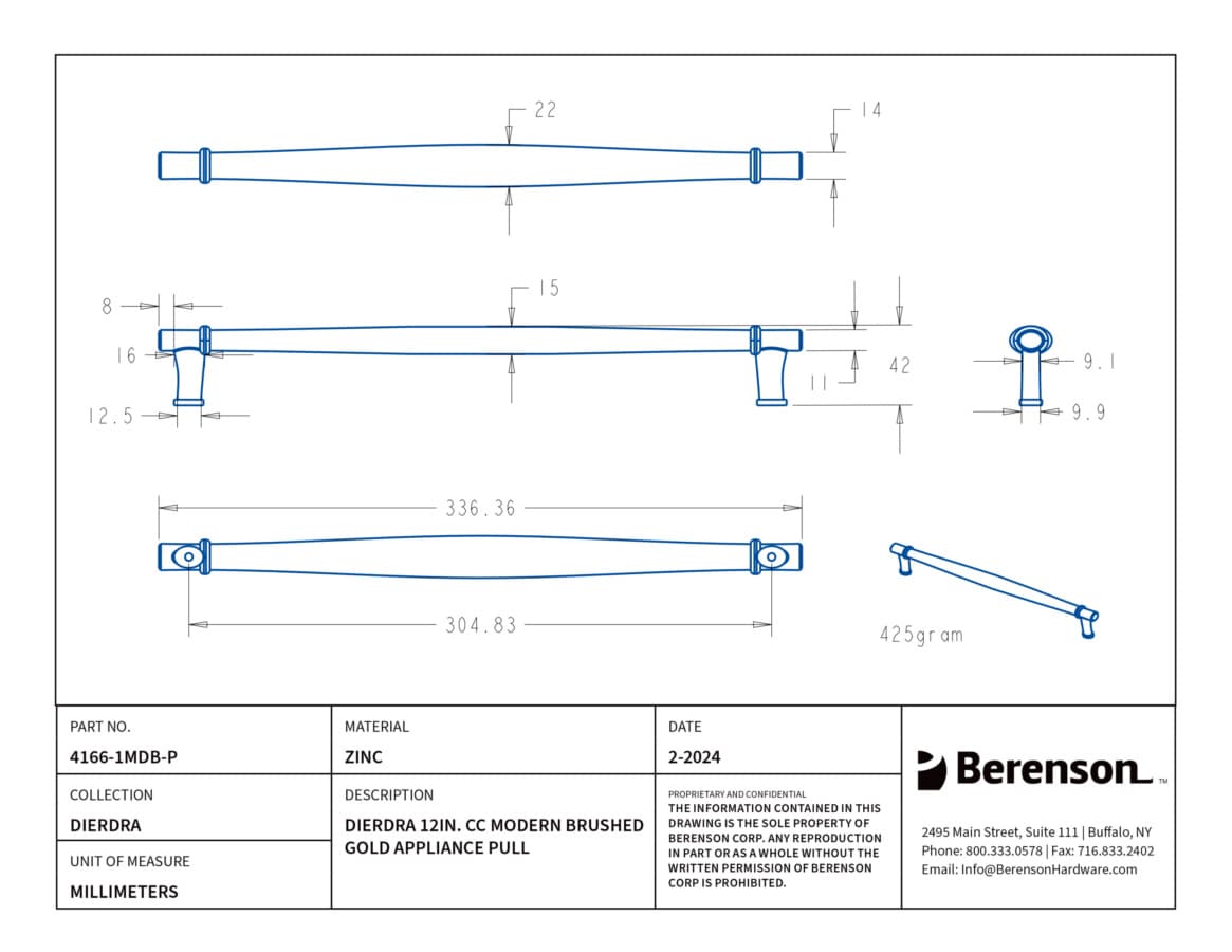 Berenson Dierdra Modern Brushed Gold 12" (305 mm) Center to Center Appliance Pull, 4166-1MDB-P