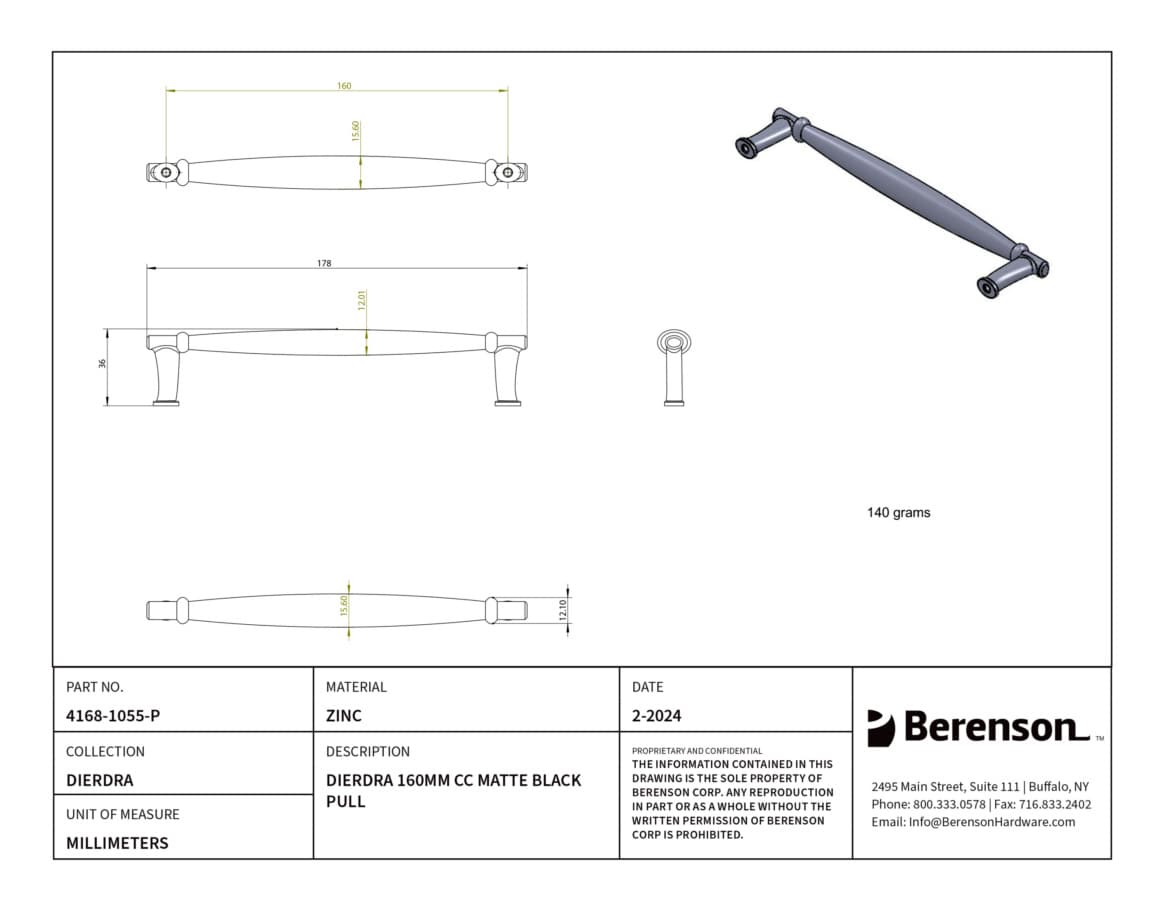 Berenson Dierdra 6-5/16" (160 mm) Center to Center Matte Black Pull, 4168-1055-P