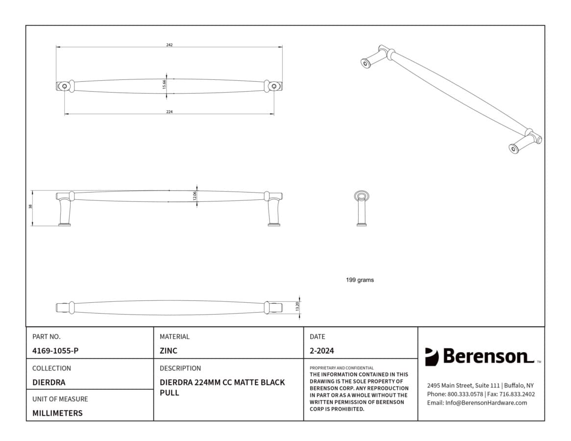 Berenson Dierdra 8-13/16" (224 mm) Center to Center Matte Black Pull, 4169-1055-P