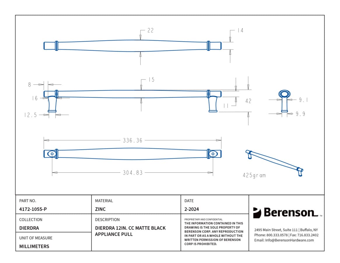Berenson Dierdra Matte Black 12" (305 mm) Center to Center Appliance Pull, 4172-1055-P