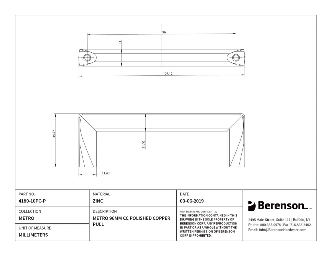 Berenson Metro 3-3/4" (95 mm) Center to Center Polished Copper Pull, 4180-10PC-P