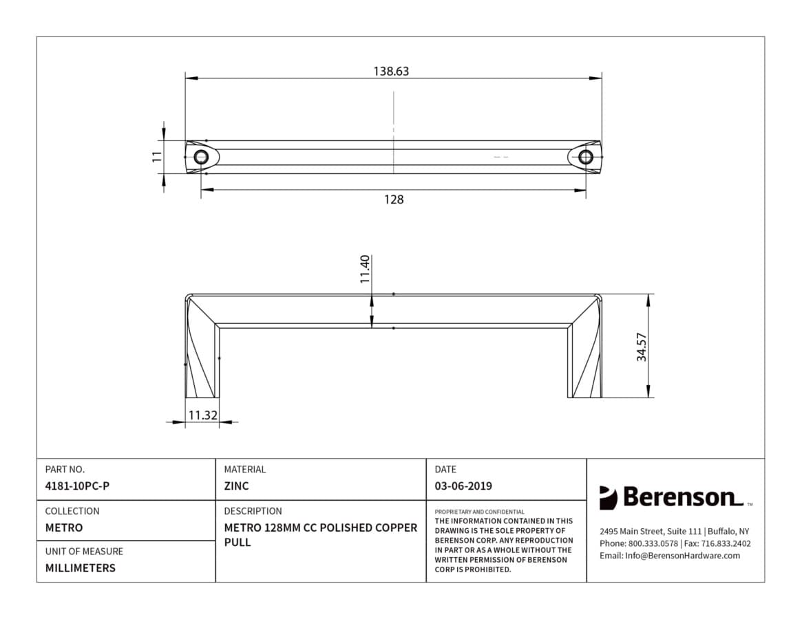 Berenson Metro 5-1/16" (128 mm) Center to Center Polished Copper Pull, 4181-10PC-P