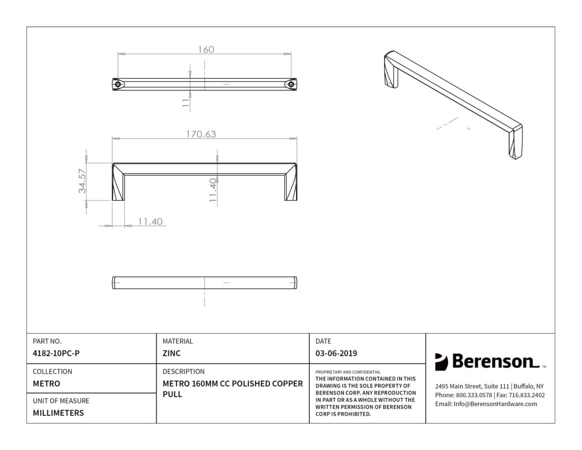 Berenson Metro 6-5/16" (160 mm) Center to Center Polished Copper Pull, 4182-10PC-P