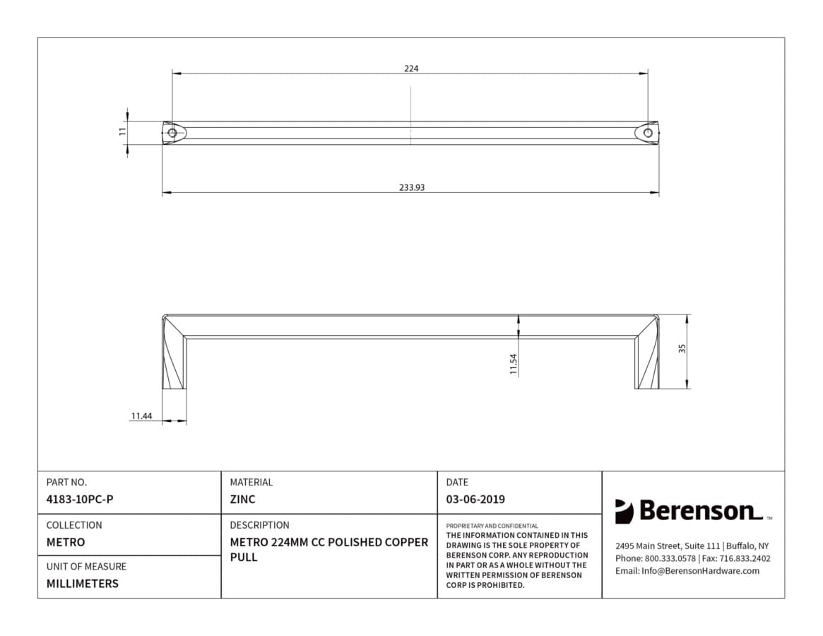 Berenson Metro 8-13/16" (224 mm) Center to Center Polished Copper Pull, 4183-10PC-P