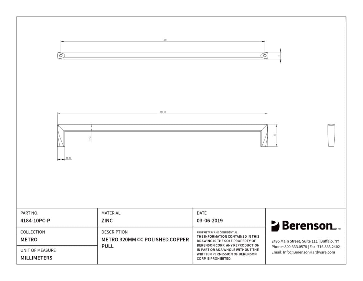 Berenson Metro 12-5/8" (320 mm) Center to Center Polished Copper Pull, 4184-10PC-P