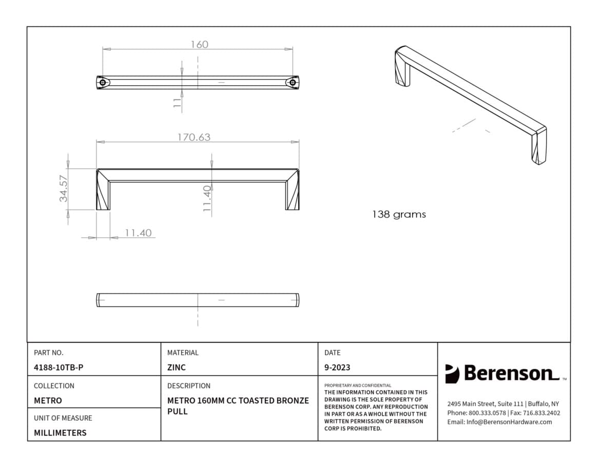 Berenson Metro Series pull 160mm toasted bronze