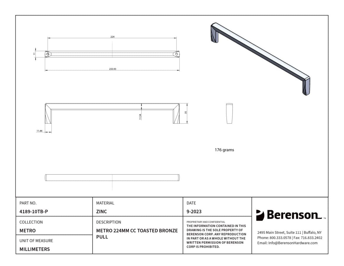 Berenson Metro Series pull 224mm toasted bronze