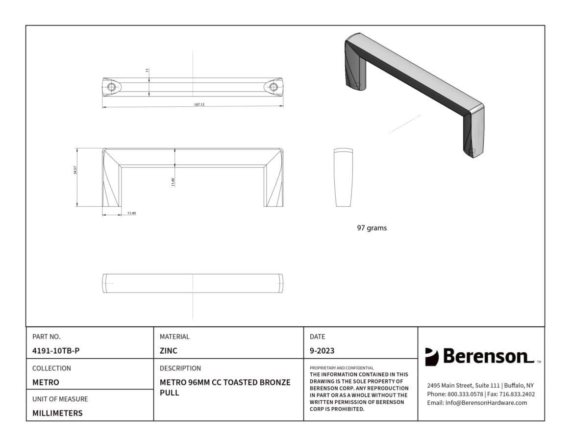 Metro Series pull 96mm toasted bronze cabinet handle