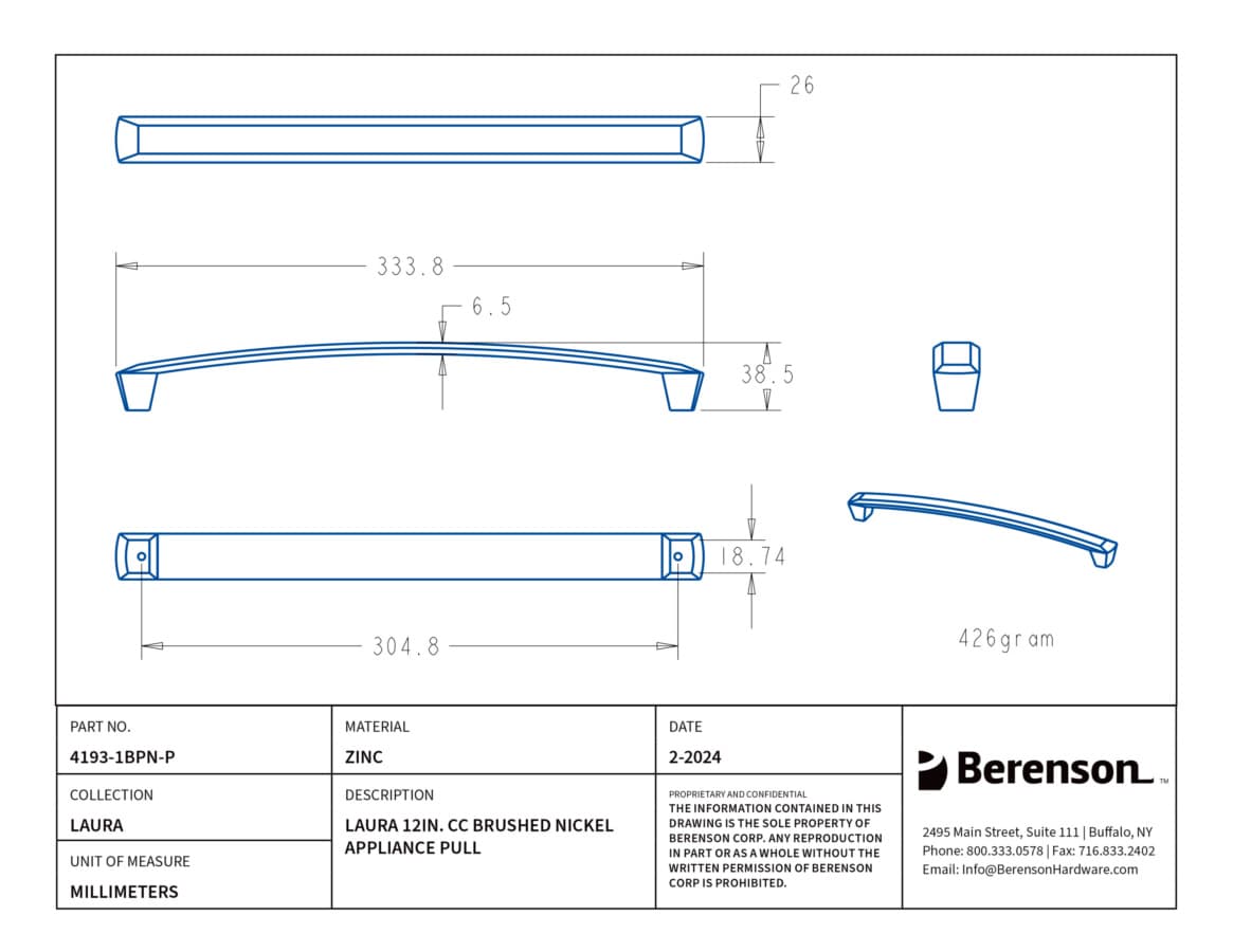 Berenson Laura Brushed Nickel 12" (305 mm) Center to Center Appliance Pull, 4193-1BPN-P
