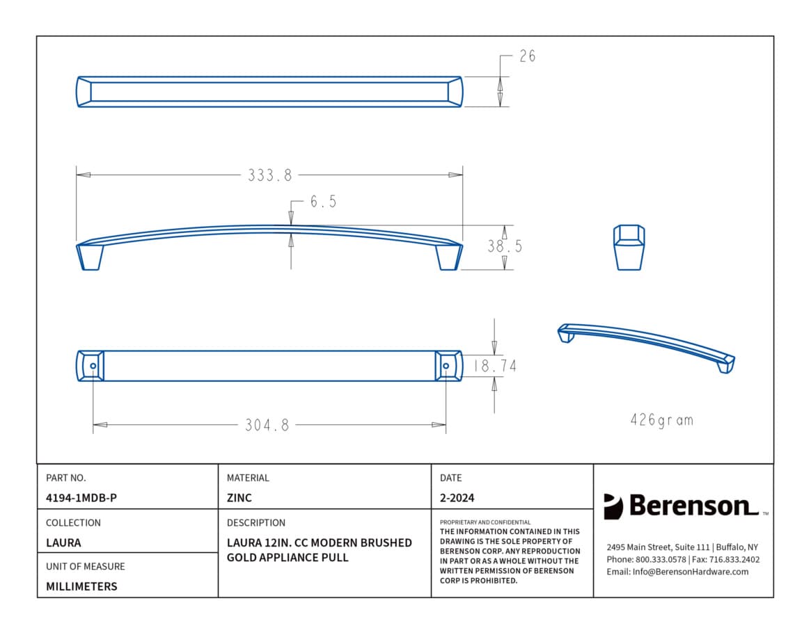 Berenson Laura Modern Brushed Gold 12" (305 mm) Center to Center Appliance Pull, 4194-1MDB-P
