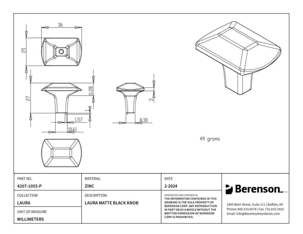 Berenson Laura Matte Black 1-7/16" (37 mm) L x 1" (25 mm) W Knob, 4207-1055-P