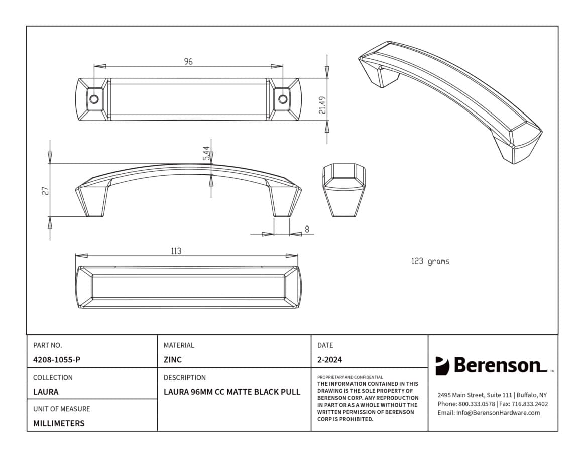 Berenson Laura 3-3/4" (95 mm) Center to Center Matte Black Pull, 4208-1055-P